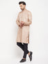 Vastramay Men's Beige Matka Silk Kurta and Black Pant Style Pyjama Set